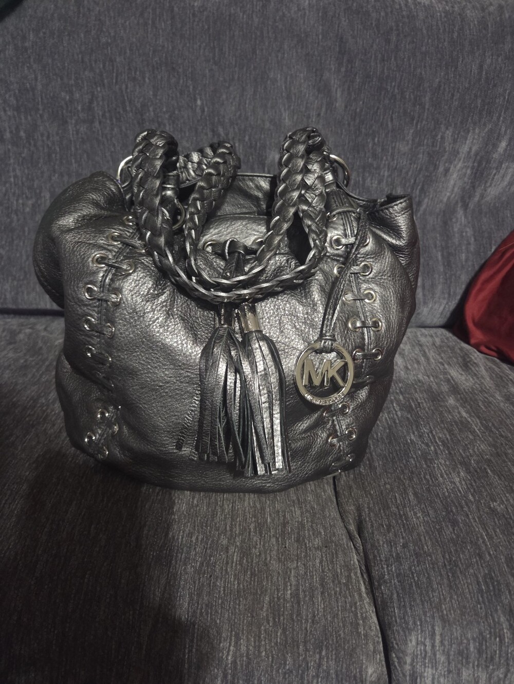 Michael Kors Black Braided-Handle Tassel Bucket Bag